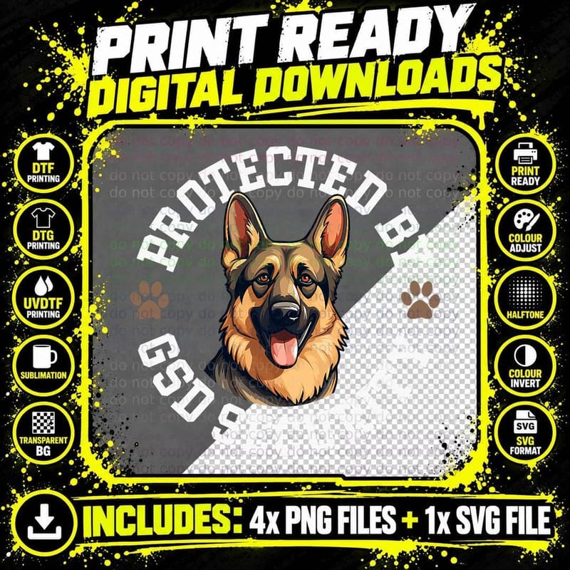 Protected by GSD Security German Shepherd Dog T-Shirt Png SVG Digital Bundle