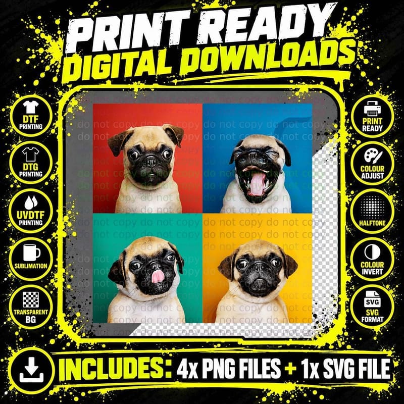Pug Puppy Portrait Photo T-Shirt, Four Colour Carlino Png SVG Digital Bundle
