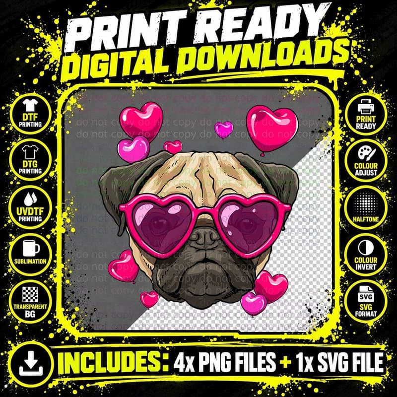 Pug Valentines Day Pug Dog Face Pug Lover Pug Mom Dad Png SVG Digital Bundle