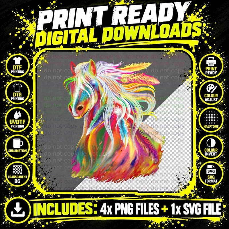 Rainbow Watercolor Horse Head Tee, Vibrant Mane and Png SVG Digital Bundle