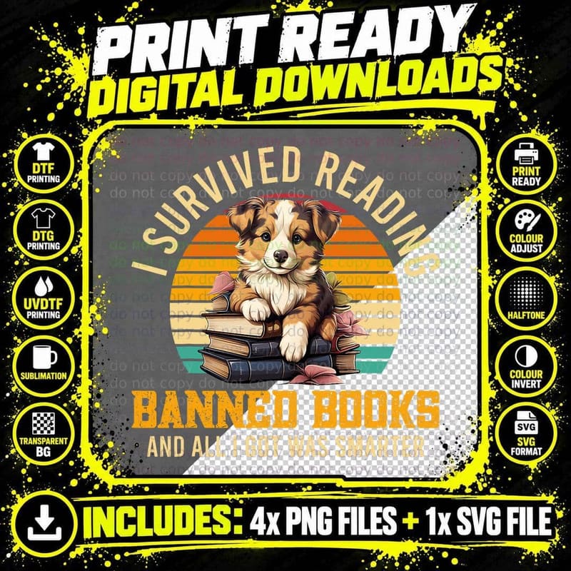 Reading Dog T-Shirt, Vintage Retro Style Png SVG Digital Bundle