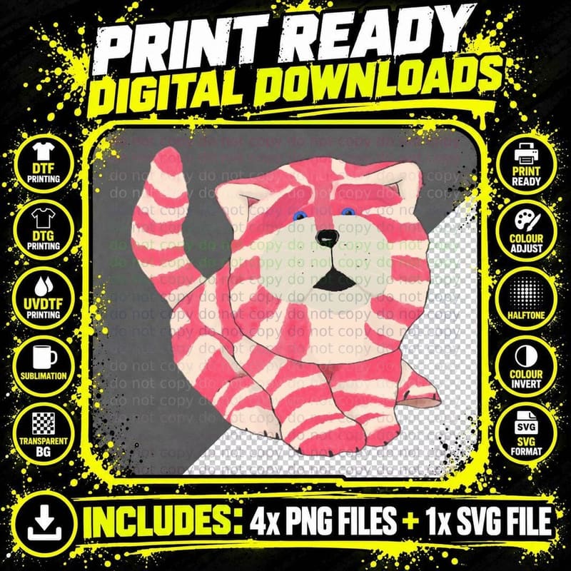 Retro Sleepy Kitty Cartoon, Vintage Striped Cat Art Png SVG Digital Bundle