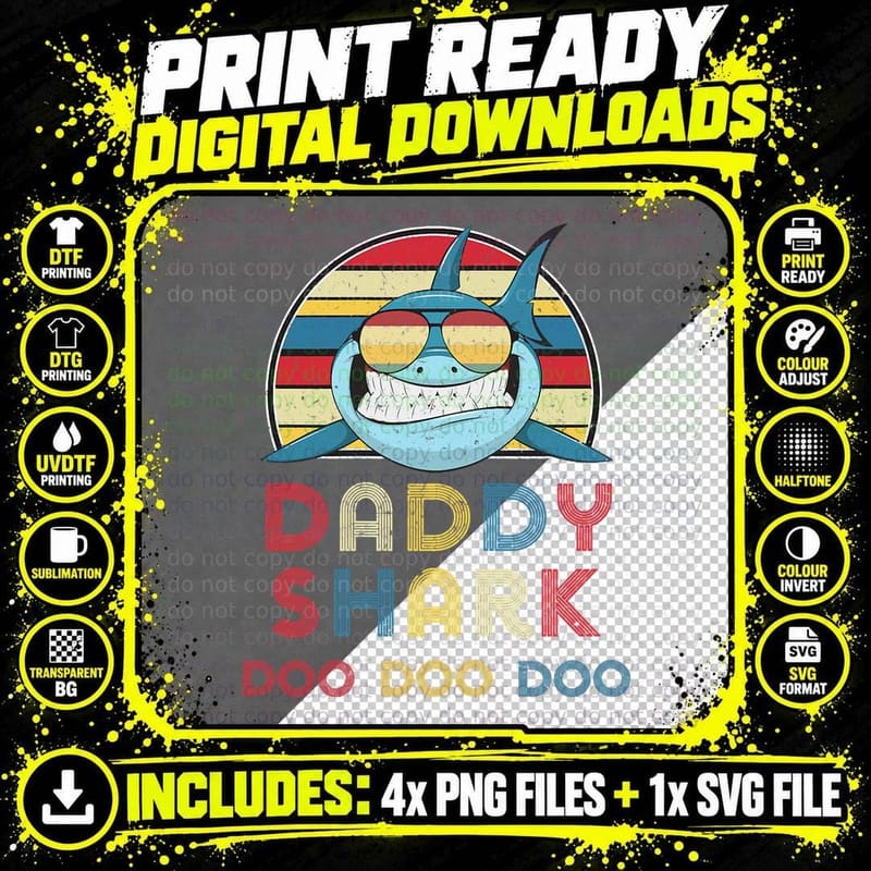 Retro Vintage Daddy Shark T-Shirt, Father's Day Gift Png SVG Digital Bundle