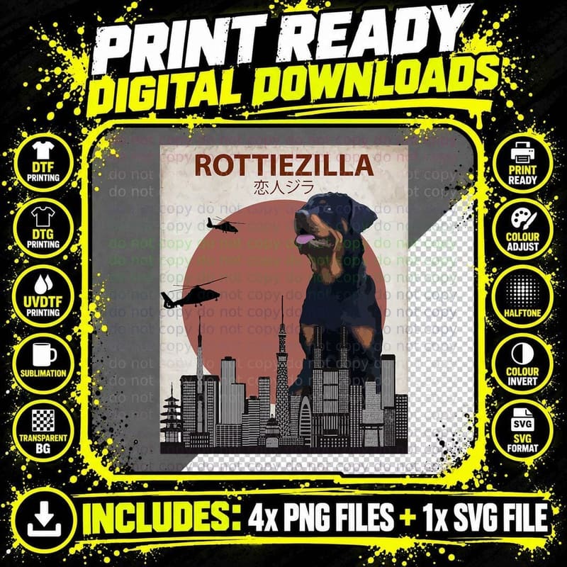 Rottiezilla Rottweiler Tee, Tokyo Skyline Kaiju Art Png SVG Digital Bundle