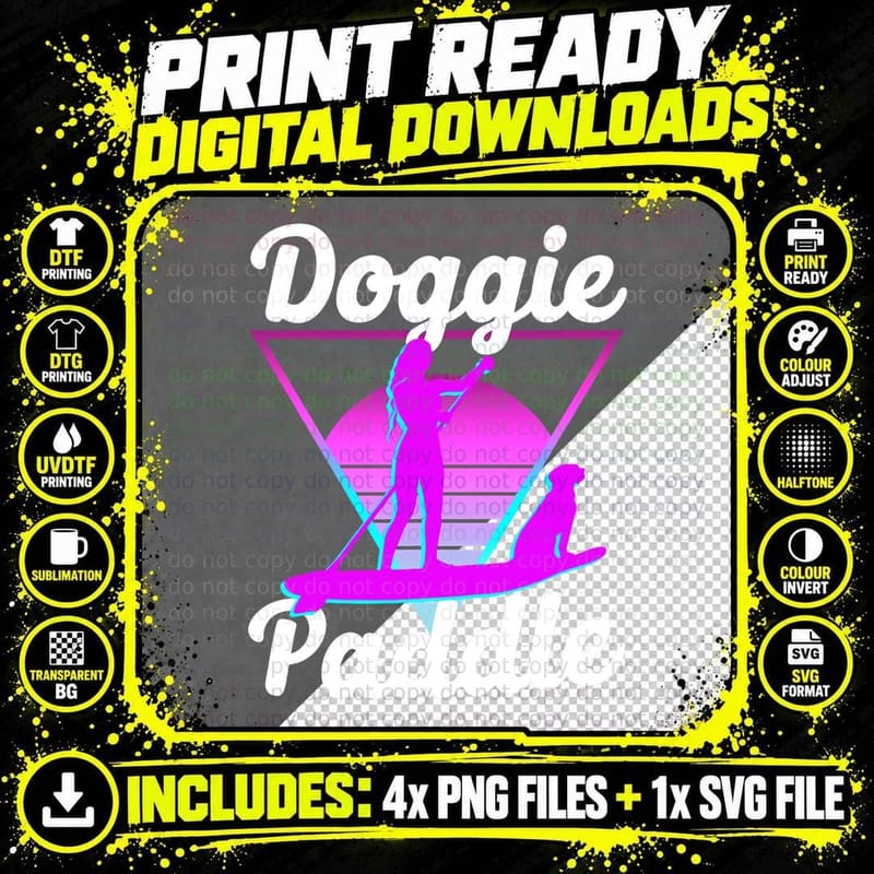 SUP Paddleboard Doggie Paddle Girl Dog Vaporwave Retro Png SVG Digital Bundle