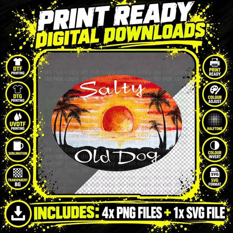 Salty Old Dog T-Shirt, Beach Sunset Theme Png SVG Digital Bundle