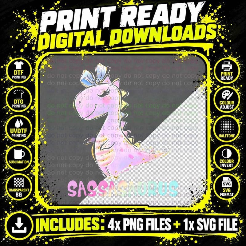 Sassasaurus Cute Girl Dinosaur T-Shirt Png SVG Digital Bundle