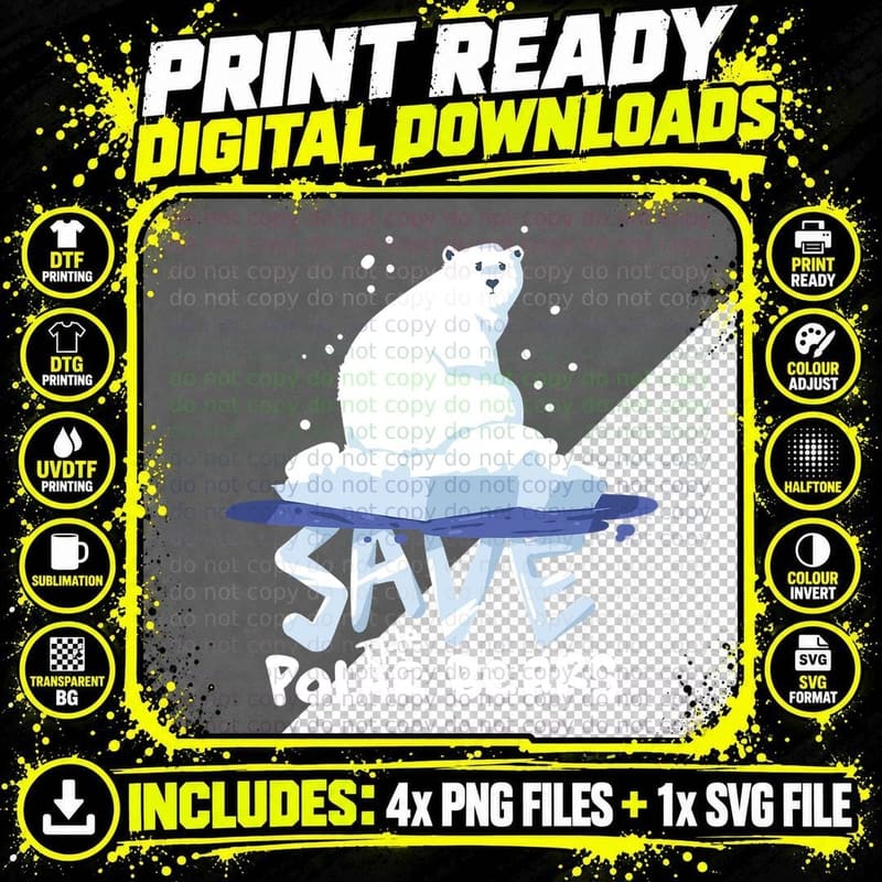 Save the Polar Bears T-Shirt, Cartoon Bear on Iceberg Png SVG Digital Bundle