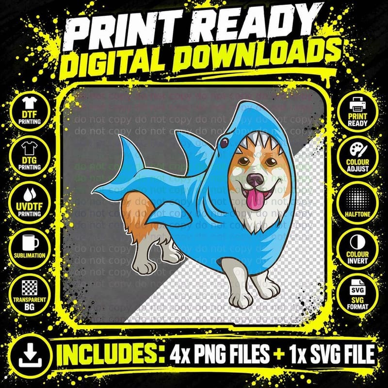 Shark Corgi Funny Dog Suit T-Shirt, Animal Costume Print Png SVG Digital Bundle