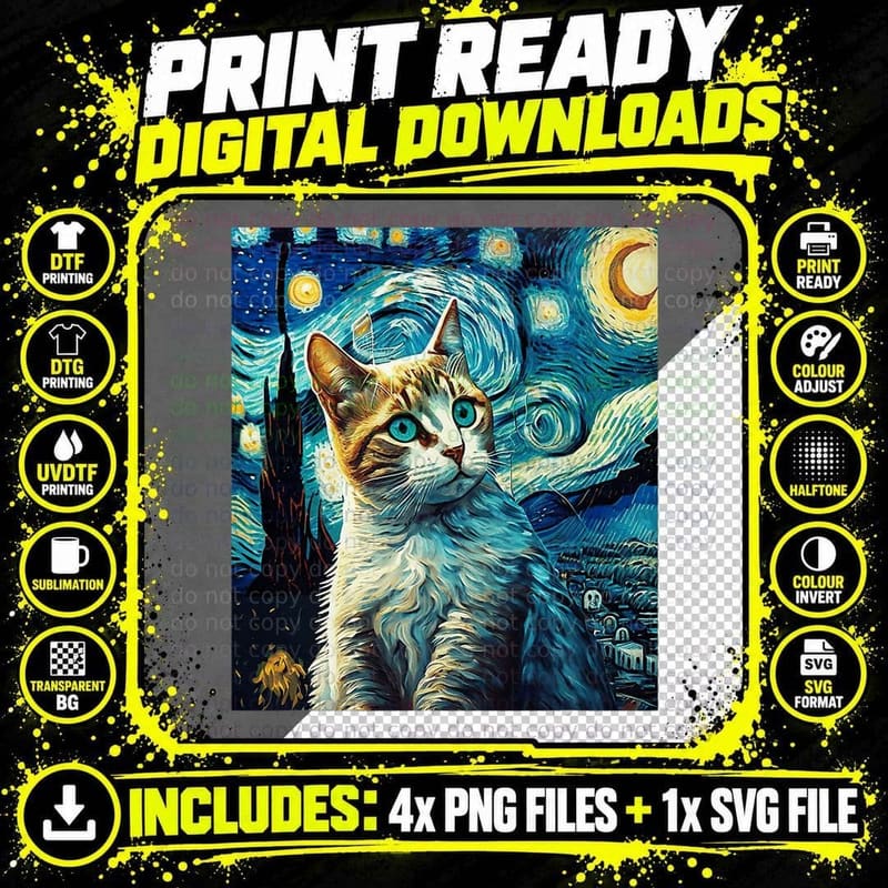 Starry Night Cat Van Gogh Painting for Cat Mom and Dad Png SVG Digital Bundle