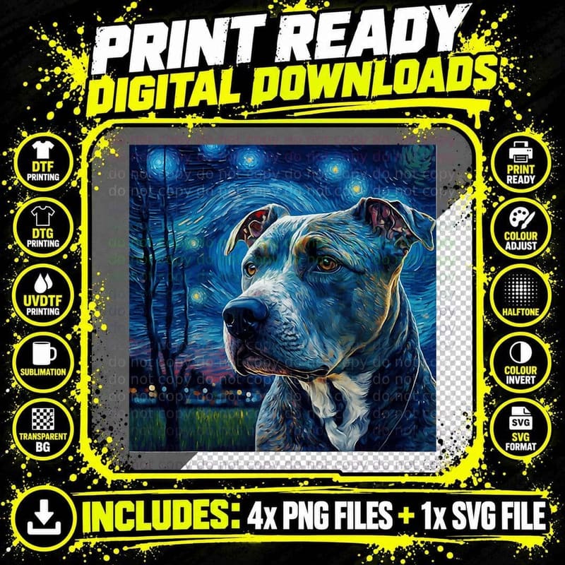Starry Night Vincent Van Gogh Painting Pitbull Dog Png SVG Digital Bundle
