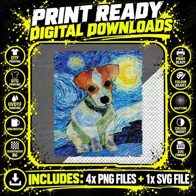 Starry Night and Dog Art Van Gogh Painting Vintage Png SVG Digital Bundle