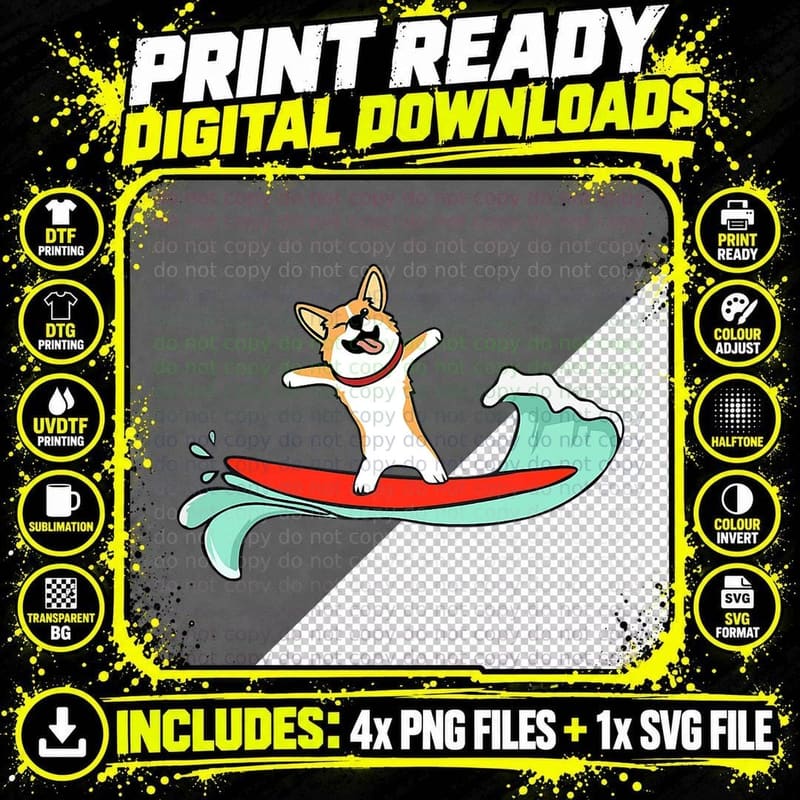 Surfing Corgi Funny Dog T-Shirt Png SVG Digital Bundle
