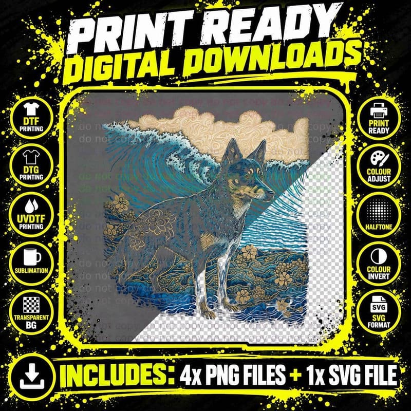 Surrealism Japanese Painting Australian Kelpie Dog Png SVG Digital Bundle