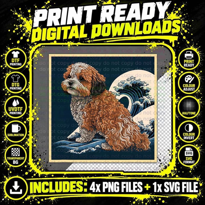 Surrealism Japanese Painting Cavapoo Dog T-Shirt Png SVG Digital Bundle