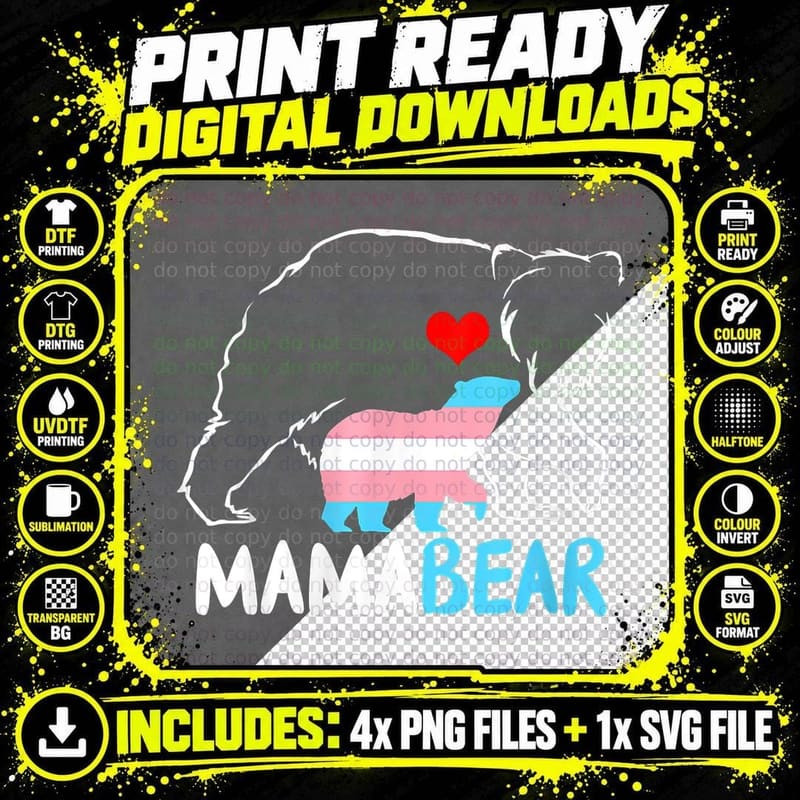 Trans Mama Bear Proud Mom T-Shirt, Rainbow Transgender Png SVG Digital Bundle