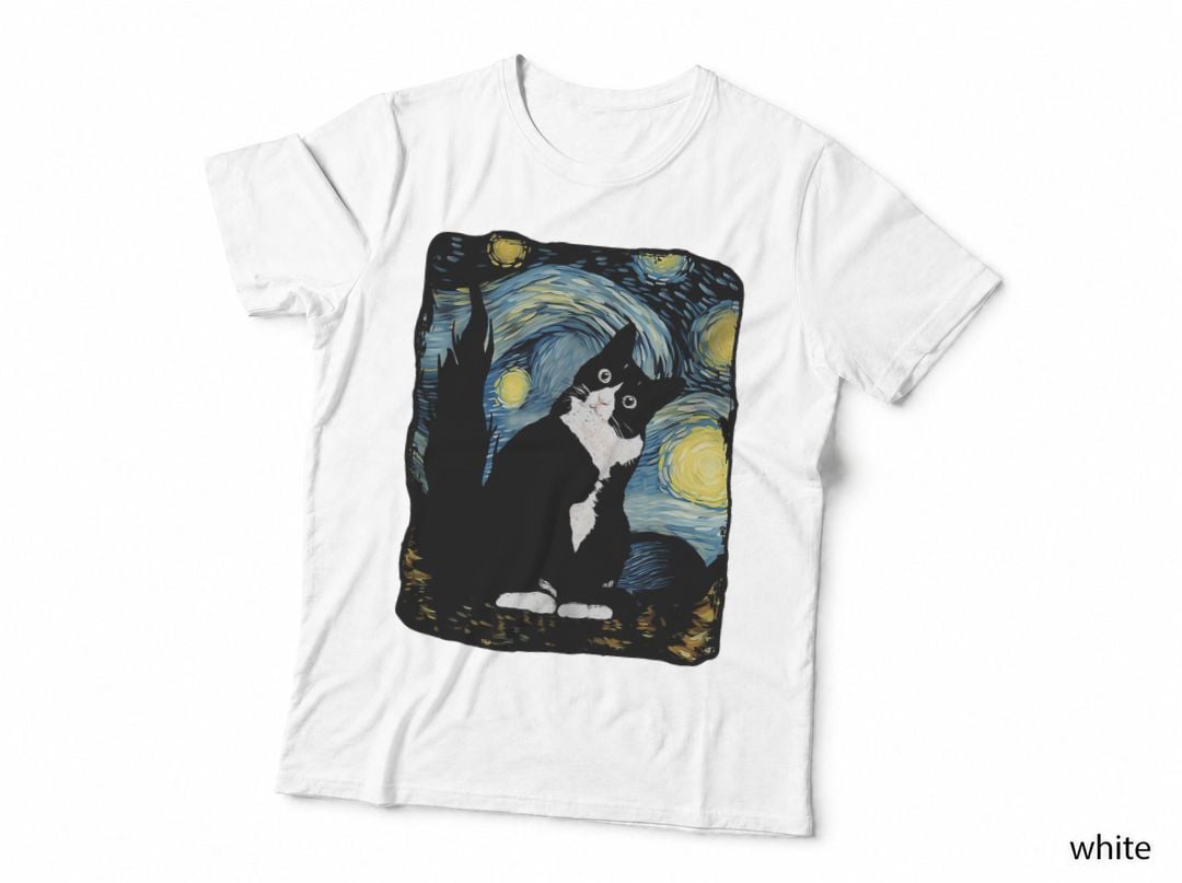 Tuxedo Cat Starry Night T-Shirt, Van Gogh Cat Art, Cat Mom Dad Gift