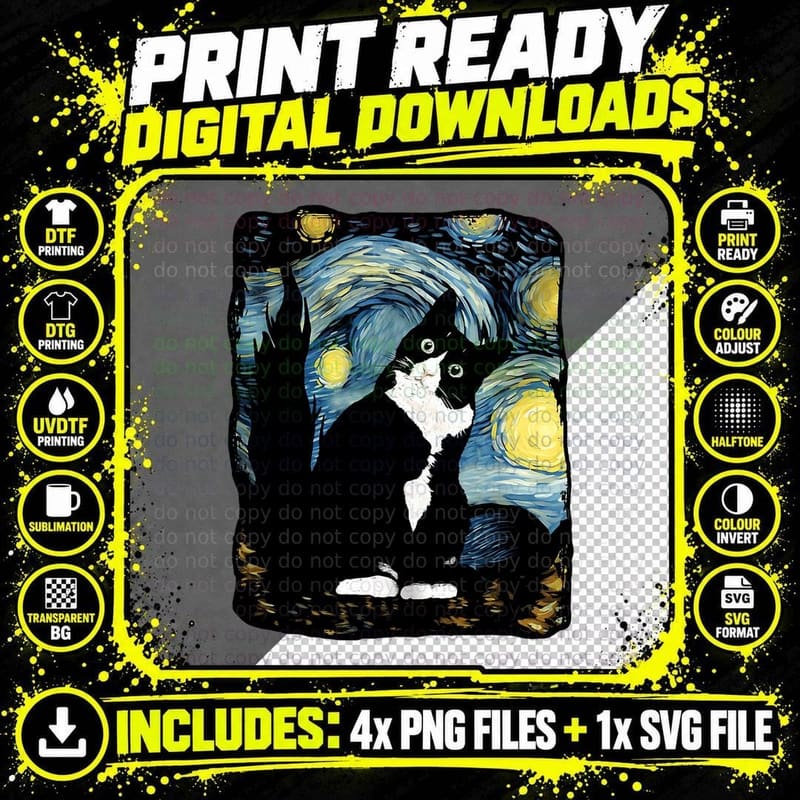 Tuxedo Cat Starry Night T-Shirt, Van Gogh Cat Art Png SVG Digital Bundle