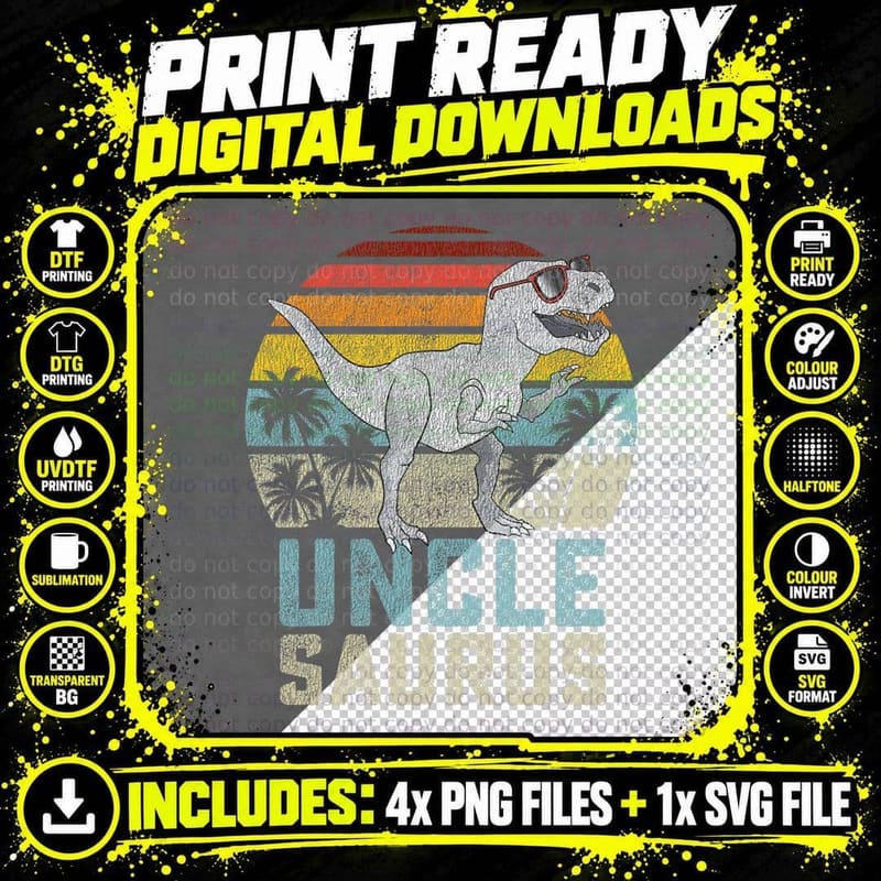 Uncle Saurus T-Rex Dinosaur T-Shirt, Family Matching Png SVG Digital Bundle