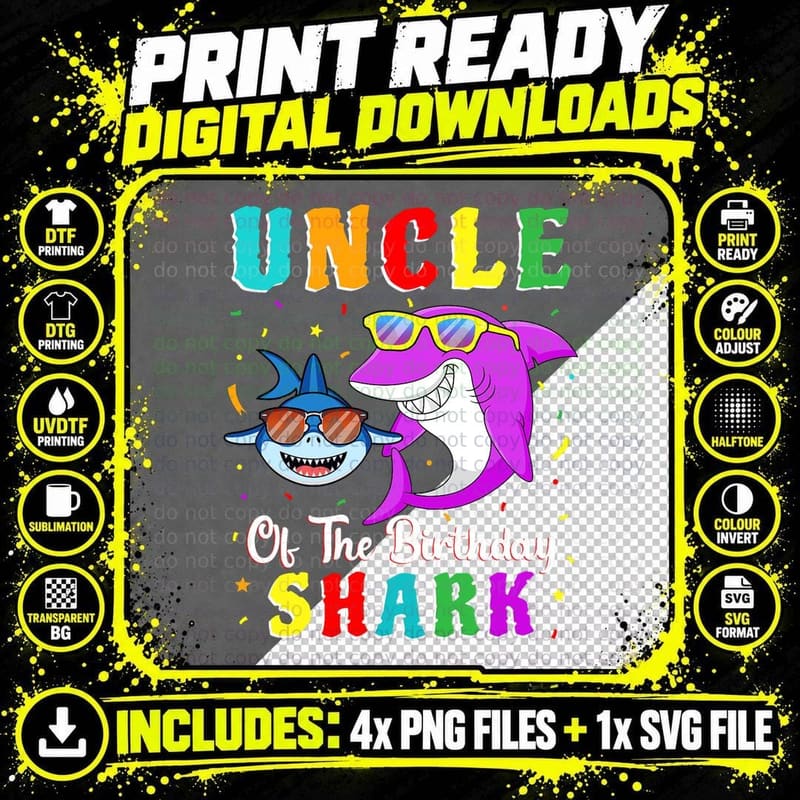 Uncle of the Shark Birthday T-Shirt, Family Matching Png SVG Digital Bundle