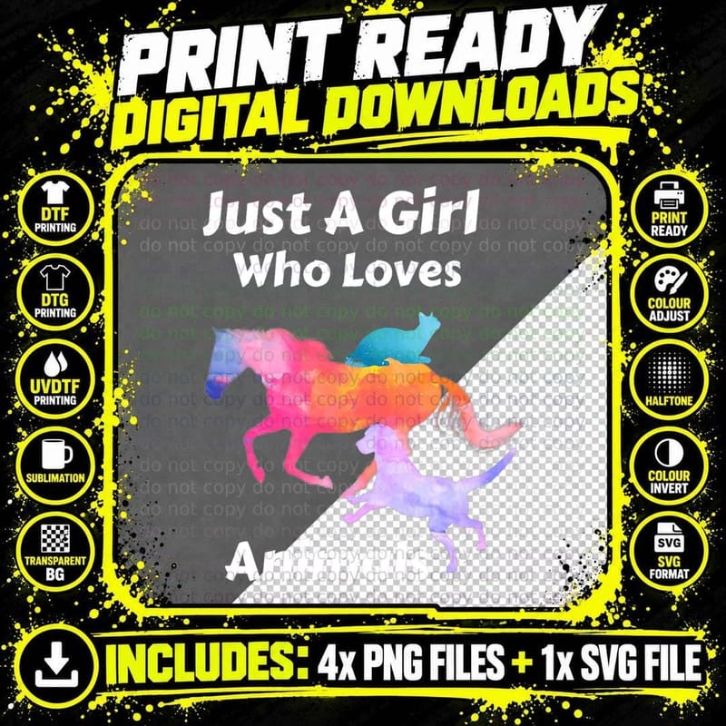 Watercolor Horse and Cat T-Shirt, Whimsical Animal Print Png SVG Digital Bundle