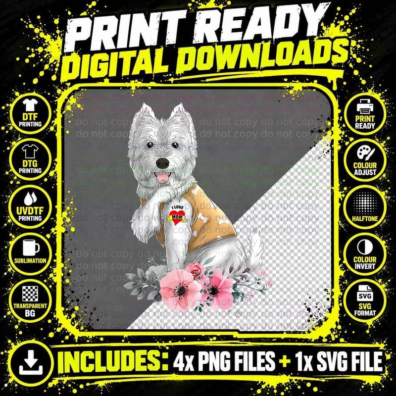 Westie Mom Tattoo Dog T-Shirt, Floral Botanical Png SVG Digital Bundle