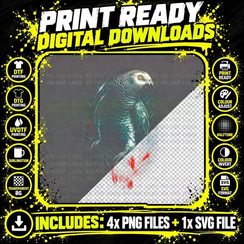African Grey Parrot T-Shirt, Realistic Bird Print Png SVG Digital Bundle