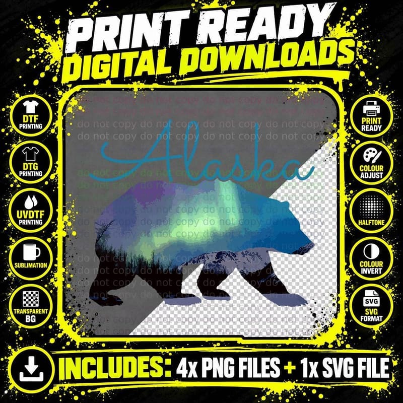 Alaska Grizzly Bear T-Shirt, Northern Lights Print Png SVG Digital Bundle