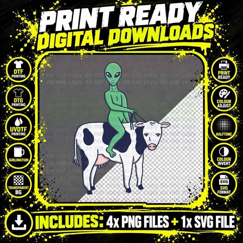 Alien Riding a Cow T-Shirt Png SVG Digital Bundle