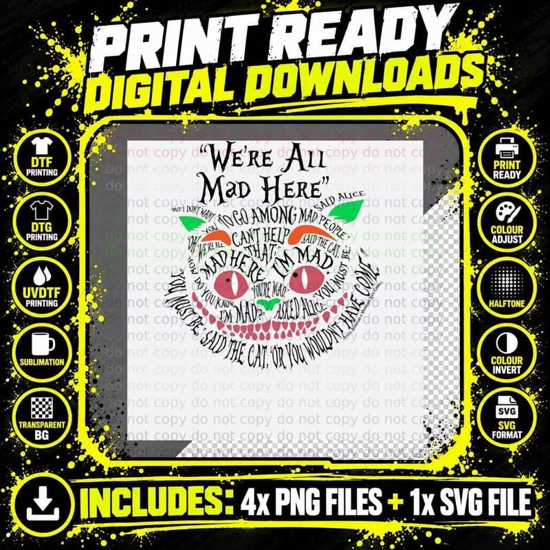 All Mad Here Wonderland Cheshire Cat Love Graphic T-Shirt Png SVG Digital Bundle