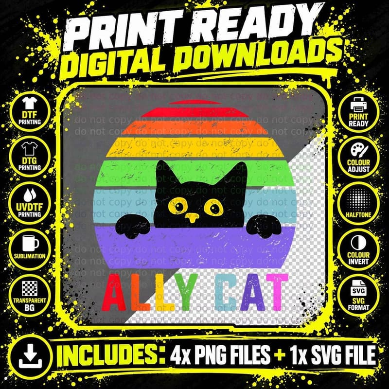 Ally Cat LGBT Gay Rainbow Pride Flag Funny Cat Lover Png SVG Digital Bundle
