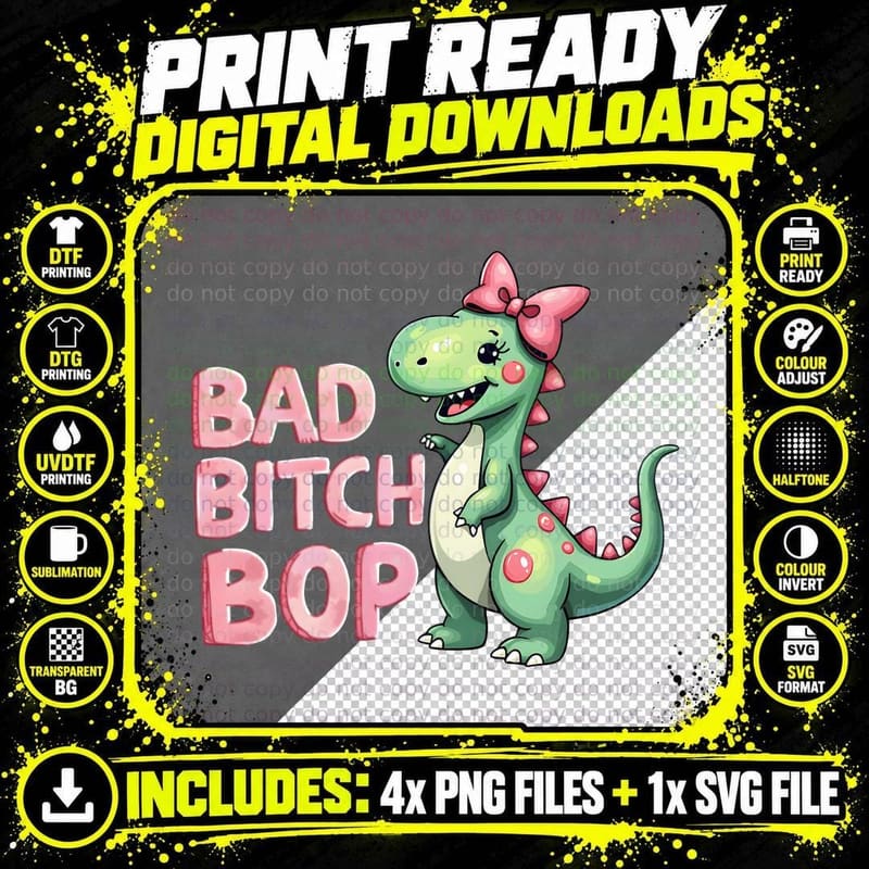 Bad Bitch Bop 90s Cartoon Barney Dinosaur Pink Bow Png SVG Digital Bundle