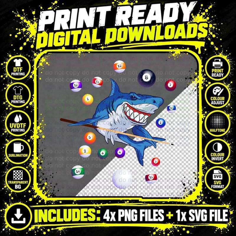 Billiards Shark Pool Player T-Shirt, Animal Sports Png SVG Digital Bundle
