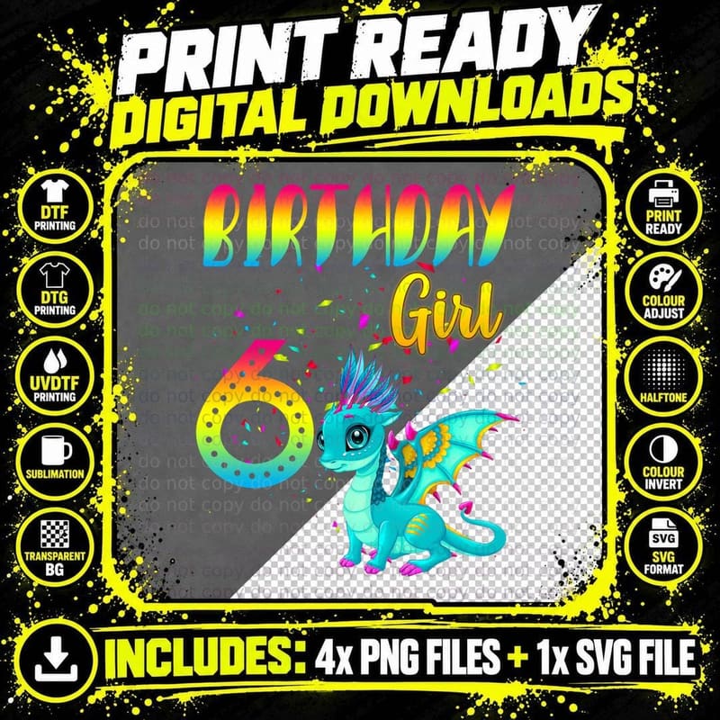 Birthday Girl Dragon Age 6 Tee, Rainbow Confetti Cute Png SVG Digital Bundle