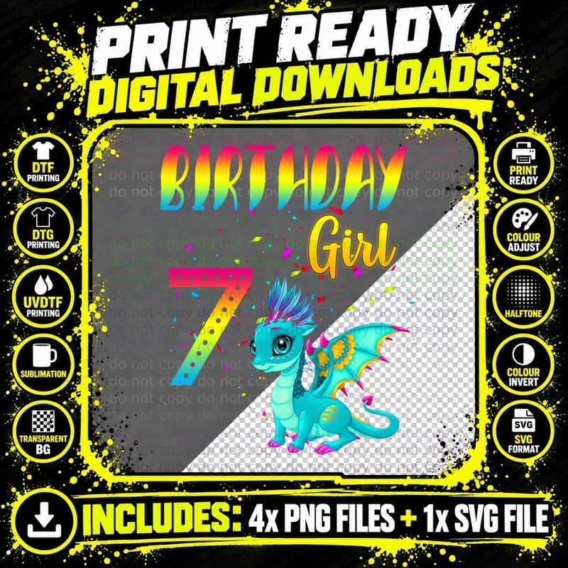 Birthday Girl Dragon Age 7 Tee, Rainbow Confetti Cute Png SVG Digital Bundle