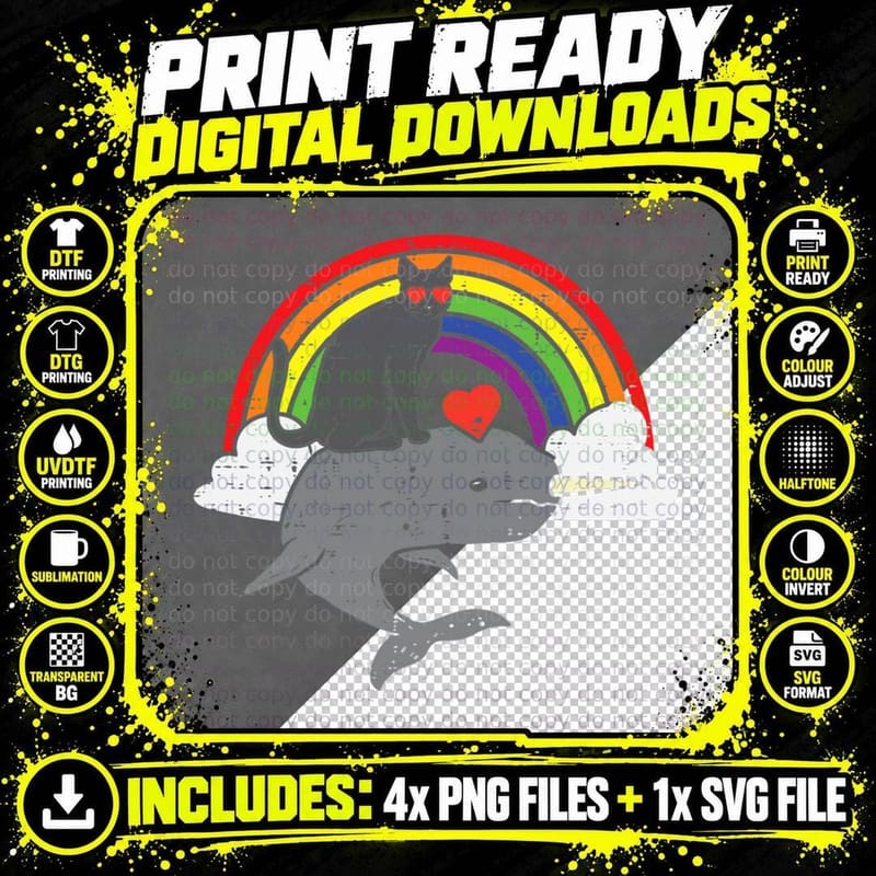 Black Cat Riding Narwhale Rainbow Heart Funny Valentines Png SVG Digital Bundle
