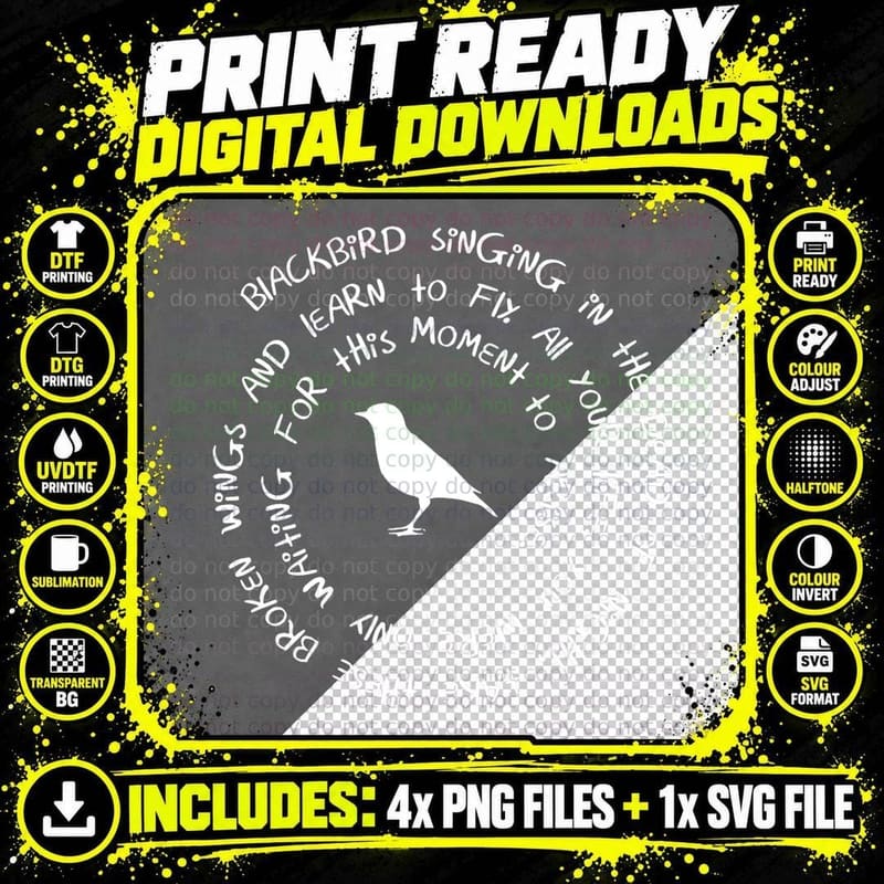 Blackbird Singing in the Dead of Night Bird Lyrics Png SVG Digital Bundle