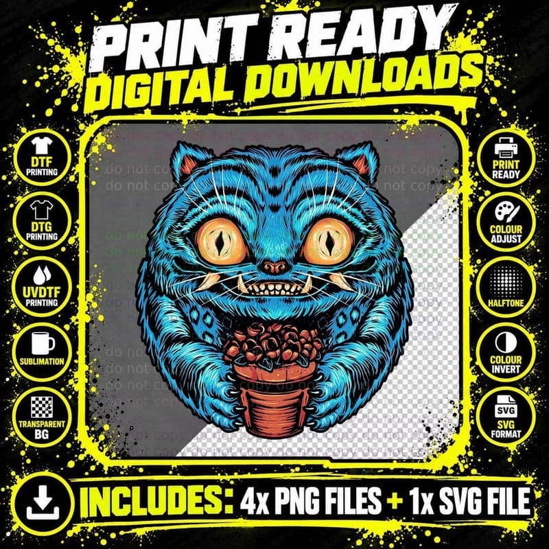 Blue Cheshire Cat T-Shirt, Gothic Fantasy Tee Png SVG Digital Bundle