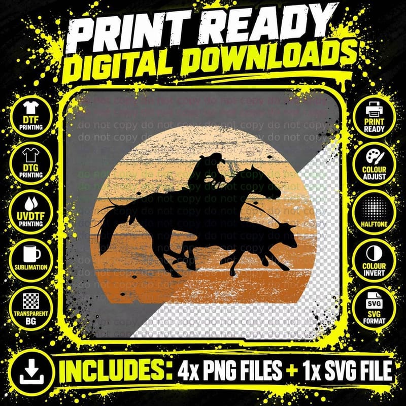 Brown Distressed Style Western Cow Horse Calf Roping Png SVG Digital Bundle