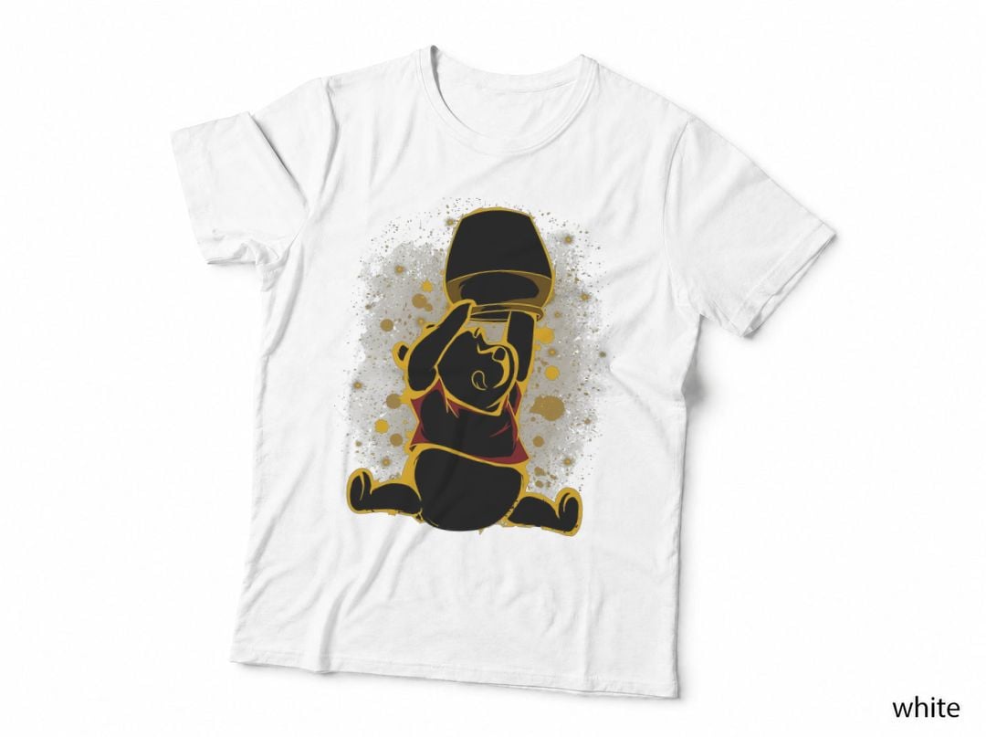 Cartoon Bear Honey Pot Silhouette T-Shirt, Head Stuck in Jar, Golden Splatter