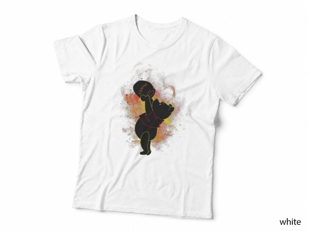 Cartoon Bear Silhouette T-Shirt, Honey Pot Raised High, Watercolour Red Splash