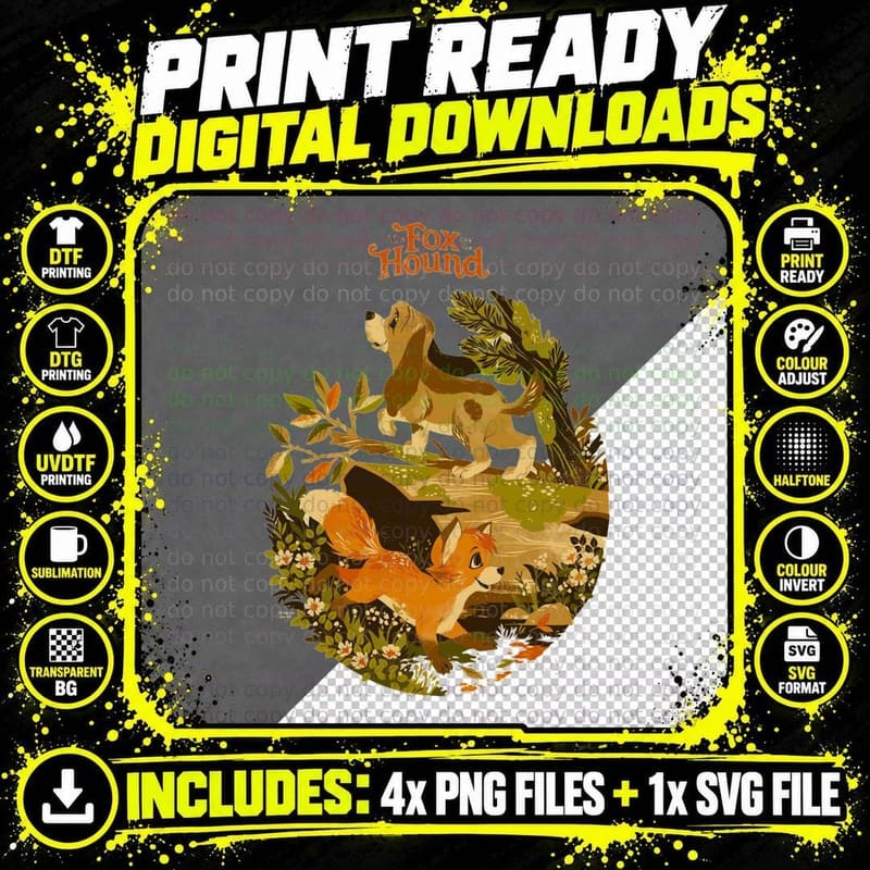 Cartoon Fox and Hound Cute Merch T-Shirt Png SVG Digital Bundle