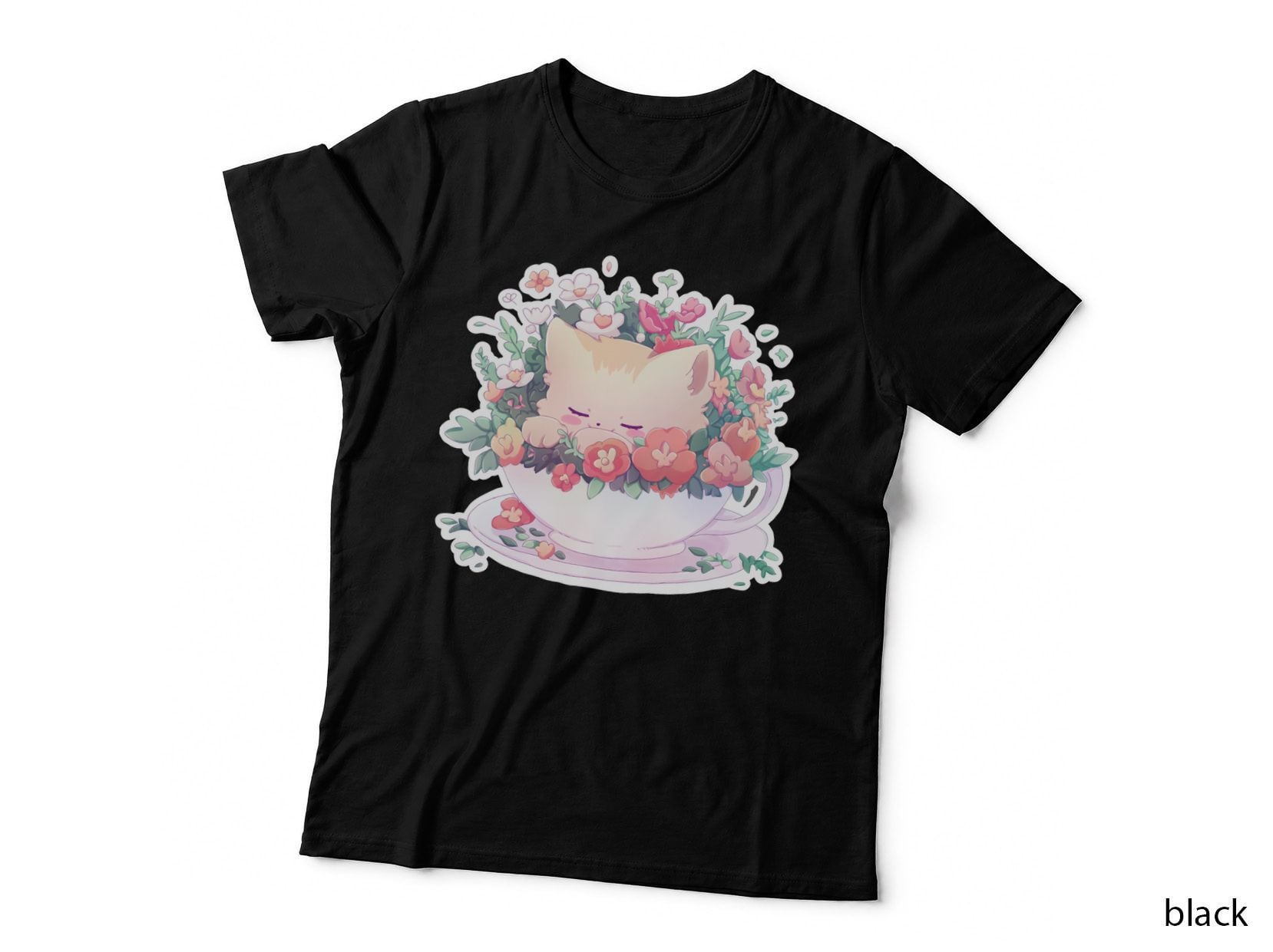 Cat Animal in a Teacup with Flowers Sticker T-Shirt