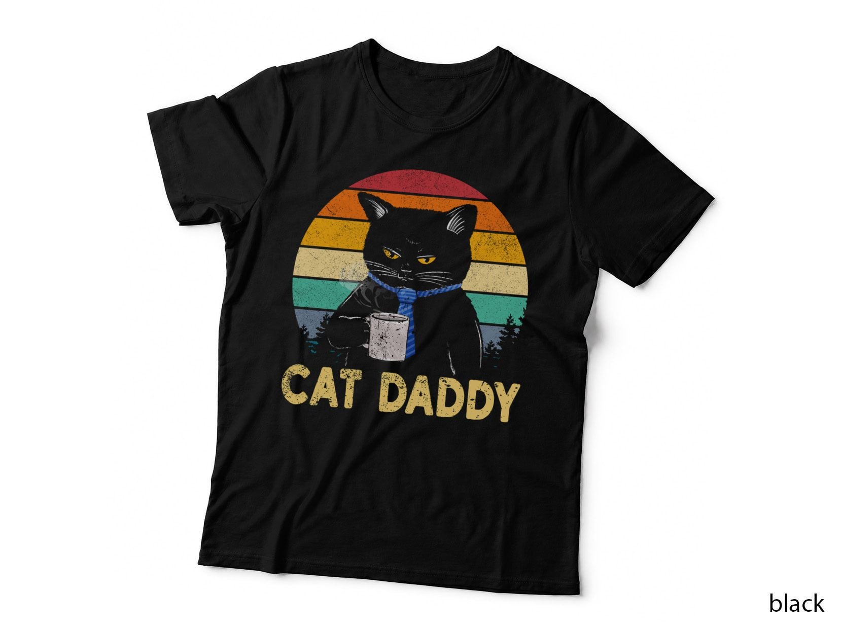 Cat Daddy Retro Sunset Tee, Black Cat in Blue Necktie, Coffee Mug Striped Design