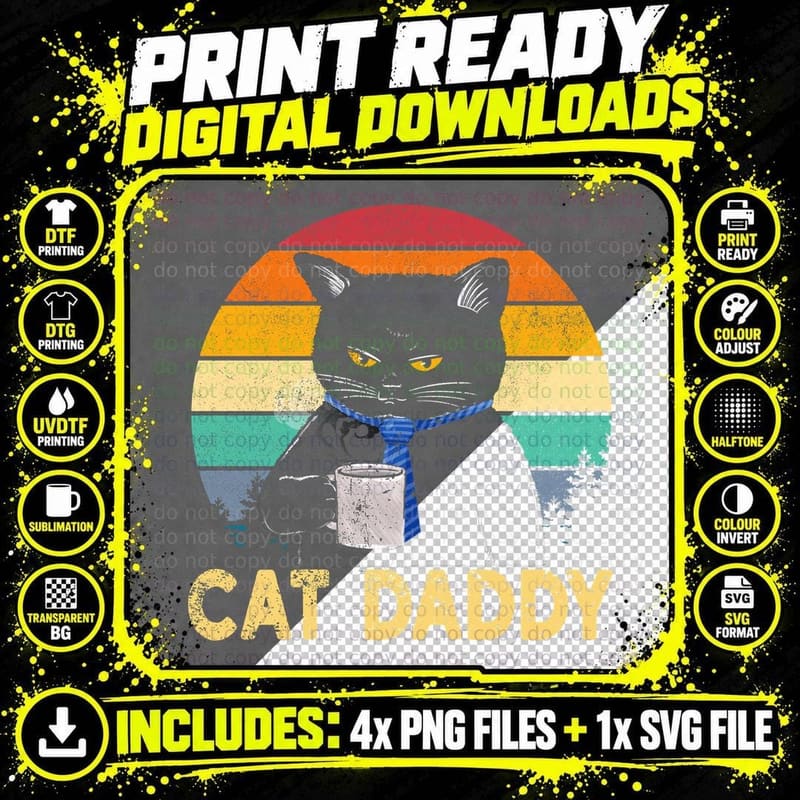 Cat Daddy Retro Sunset Tee, Black Cat in Blue Necktie Png SVG Digital Bundle