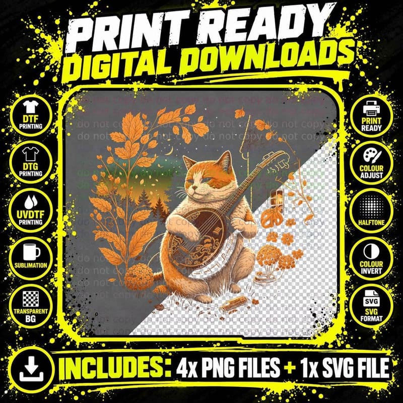 Cat Playing Banjo Autumn T-Shirt Cute Folk Music Png SVG Digital Bundle