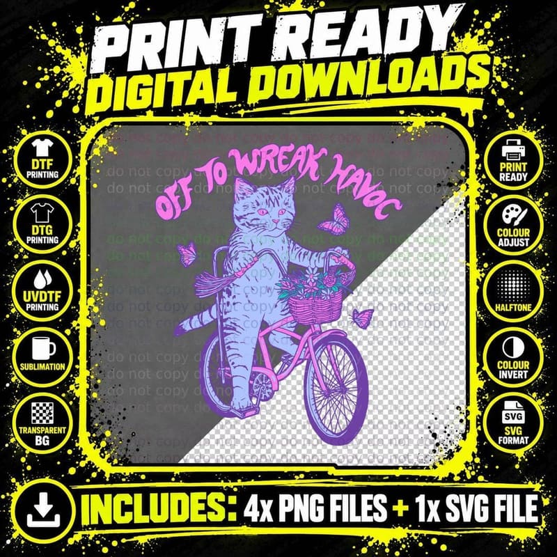 Cat Riding Bicycle T-Shirt, Whimsical Animal Print Png SVG Digital Bundle