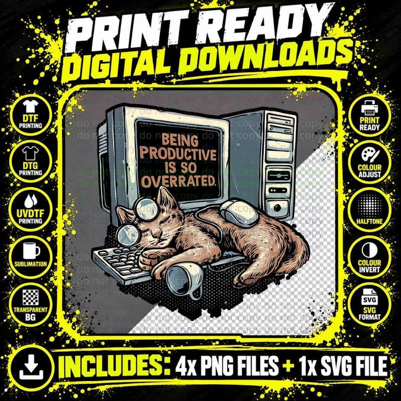 Cat Sleeping on Computer T-Shirt, Funny Sarcasm Tee Png SVG Digital Bundle