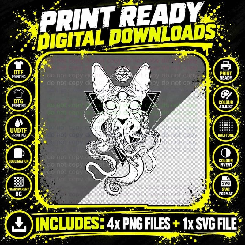 Cathulhu - the Cosmic Tentacle Cat T-Shirt Png SVG Digital Bundle