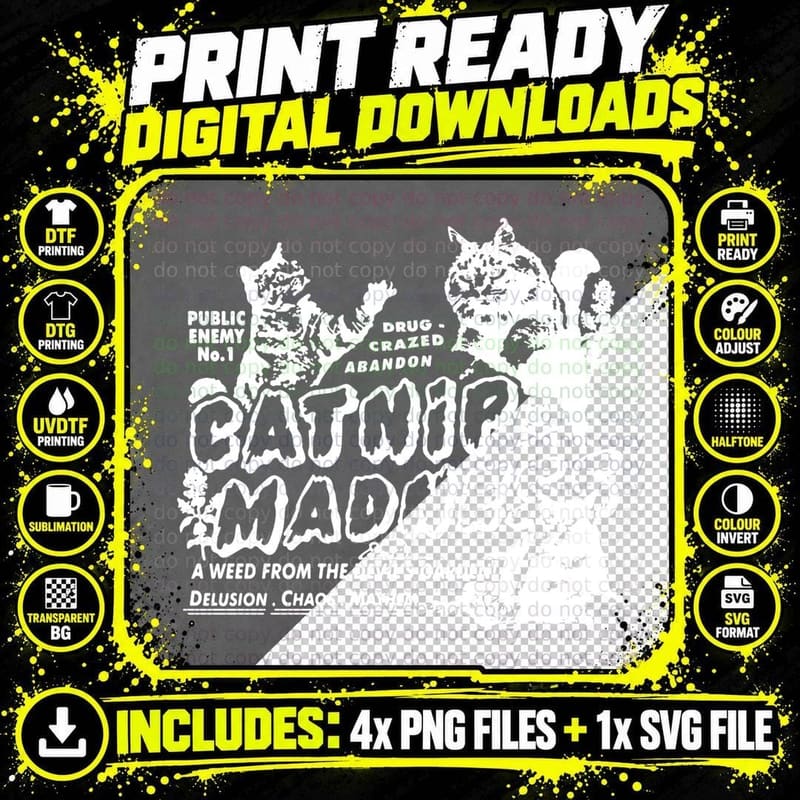 Catnip Madness Cute Cat T-Shirt Png SVG Digital Bundle